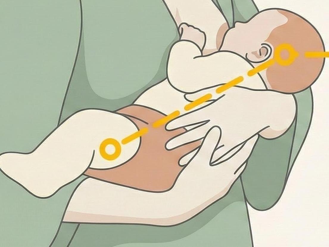 Infographic showing the straight line alignment of baby's ear, shoulder, and hip.